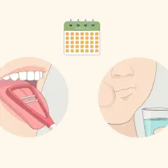 Rutina diaria para saber como limpiar la lengua: raspado lingual y enjuague bucal. Un calendario indica la constancia.