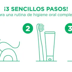 ¡3 sencillos pasos para un cuidado de los dientes perfecto! Cepillo interdental, hilo dental, cepillo y pasta, y enjuague bucal.