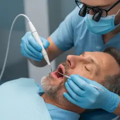Dentista realiza curetaje periodontal a paciente.