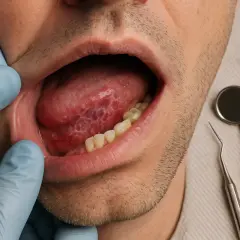 Boca abierta con lengua de fumador, mostrando un patrón reticulado rojizo. Guantes azules y herramientas dentales a la derecha.