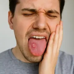 Hombre con expresión de dolor, mostrando una llaga bajo la lengua.