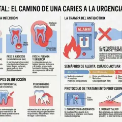 Ilustración muestra la progresión de una caries dental, desde la fase inicial hasta la urgencia hospitalaria, detallando caries síntomas y tipos de infección.
