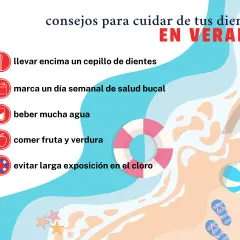 Consejos para proteger tus dientes en verano: cepíllalos, bebe agua, come fruta y verdura, y evita el cloro.