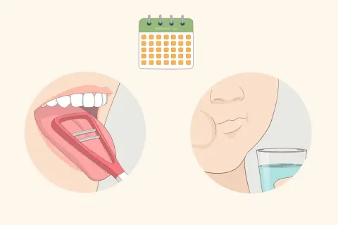 Rutina diaria para saber como limpiar la lengua: raspado lingual y enjuague bucal. Un calendario indica la constancia.