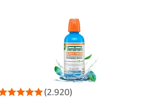 Enjuague bucal TheraBreath Aliento Fresco, menta, ideal para combatir el mal aliento y refrescar la boca por 12 horas.