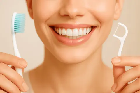 Sonrisa radiante con cepillo y hilo dental. Descubre curiosidades del flúor para una salud bucal perfecta.