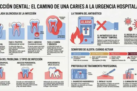 Ilustración muestra la progresión de una caries dental, desde la fase inicial hasta la urgencia hospitalaria, detallando caries síntomas y tipos de infección.