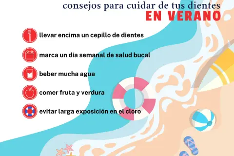 Consejos para proteger tus dientes en verano: cepíllalos, bebe agua, come fruta y verdura, y evita el cloro.