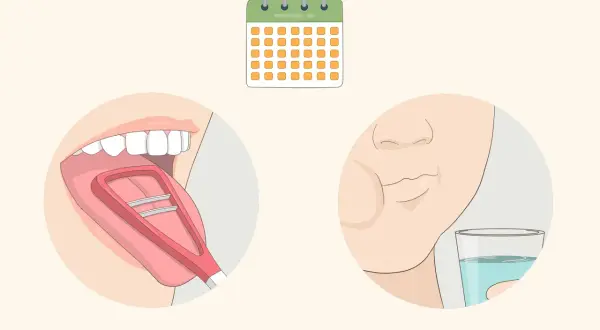 Rutina diaria para saber como limpiar la lengua: raspado lingual y enjuague bucal. Un calendario indica la constancia.