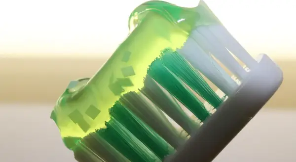 Cepillo de dientes con pasta verde, destacando los beneficios del fluor en los dientes para una sonrisa sana y protegida.
