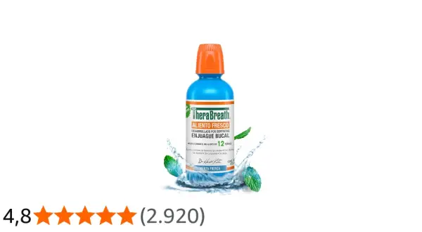 Enjuague bucal TheraBreath Aliento Fresco, menta, ideal para combatir el mal aliento y refrescar la boca por 12 horas.