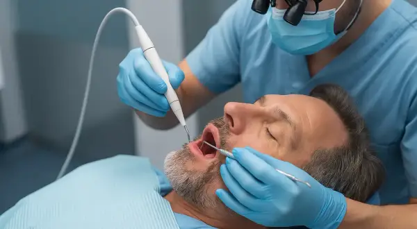 Dentista realiza curetaje periodontal a paciente.