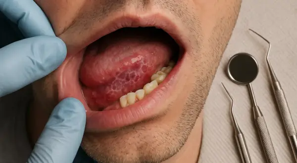 Boca abierta con lengua de fumador, mostrando un patrón reticulado rojizo. Guantes azules y herramientas dentales a la derecha.