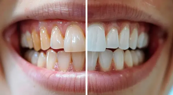 Comparación de dientes: antes amarillentos y después blancos y brillantes, mostrando cómo reforzar el esmalte dental.