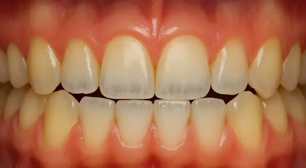 Vista frontal de una boca con dientes sanos y encías rosadas. Se aprecian los incisivos y caninos superiores e inferiores, mostrando una dentadura completa y sin signos de dientes porosos.