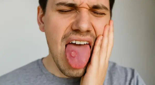 Hombre con expresión de dolor, mostrando una llaga bajo la lengua.
