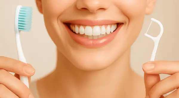 Sonrisa radiante con cepillo y hilo dental. Descubre curiosidades del flúor para una salud bucal perfecta.