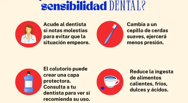 Consejos para aliviar la sensibilidad dental: visita al dentista, usa cepillo suave, colutorio y evita alimentos extremos.