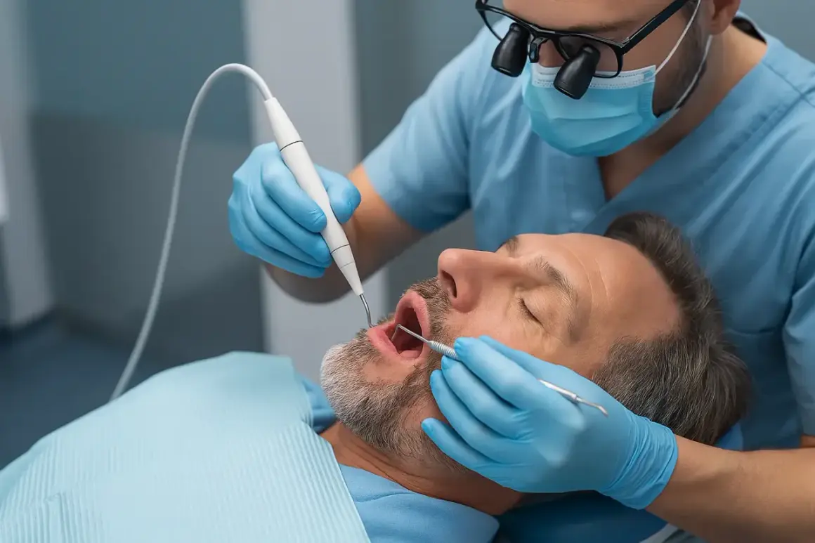 Dentista realiza curetaje periodontal a paciente.