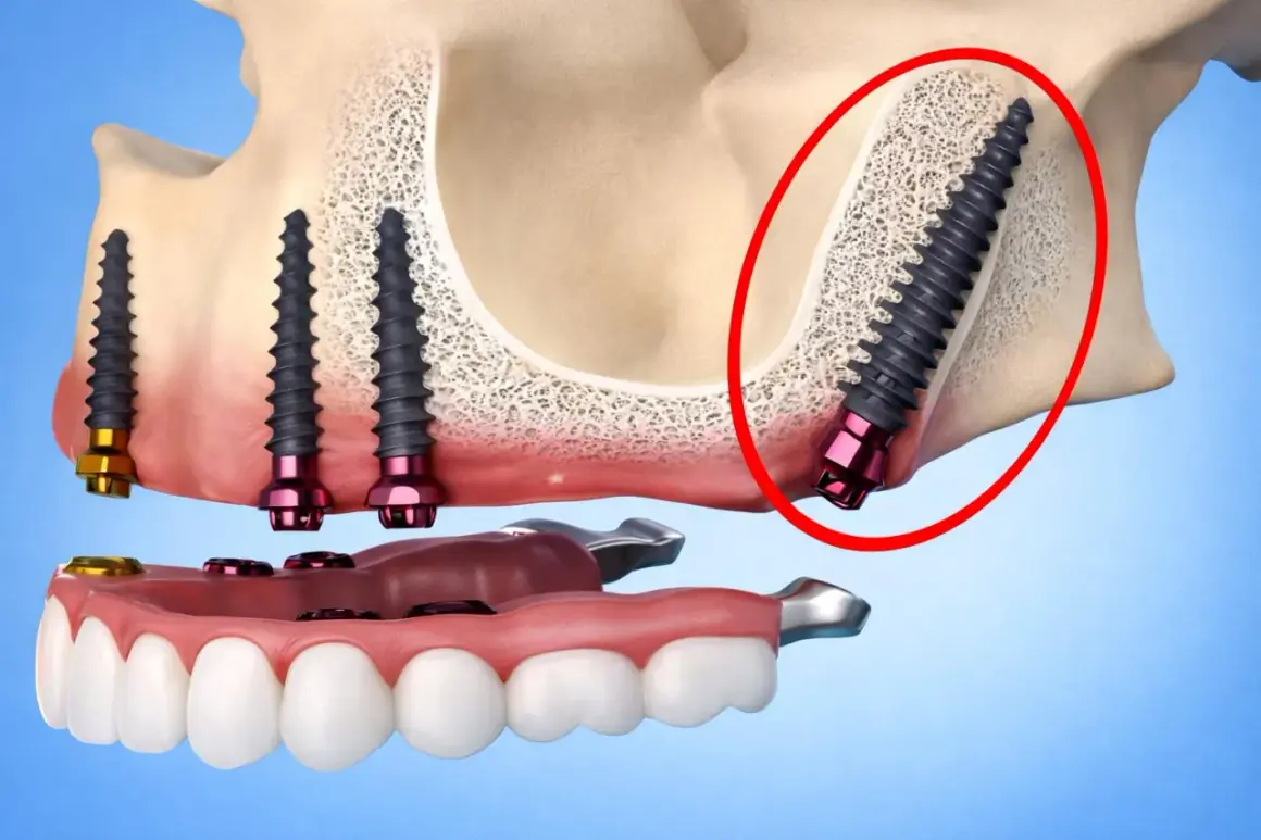 Implantes dentales en el hueso maxilar, uno de ellos en el área del hueso pterigoides, con una prótesis dental.