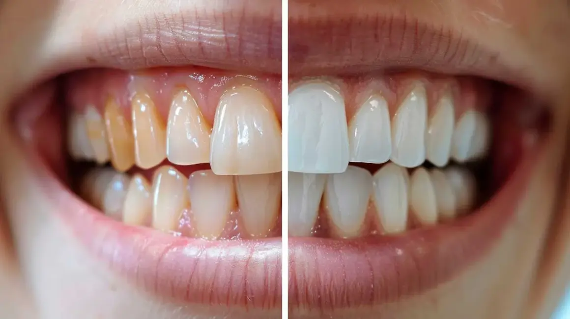 Comparación de dientes: antes amarillentos y después blancos y brillantes, mostrando cómo reforzar el esmalte dental.
