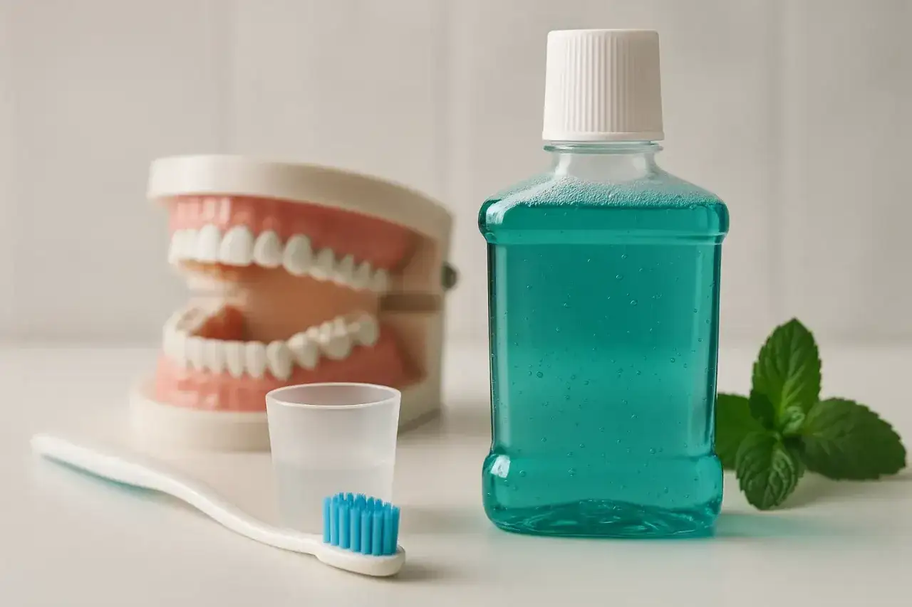 Modelo dental, cepillo, vaso con líquido y botella de enjuague bucal con antibiótico. Frescura y salud para tu sonrisa.