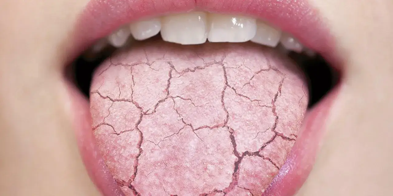 Lengua agrietada y seca, indicando posible sensibilidad en la boca.