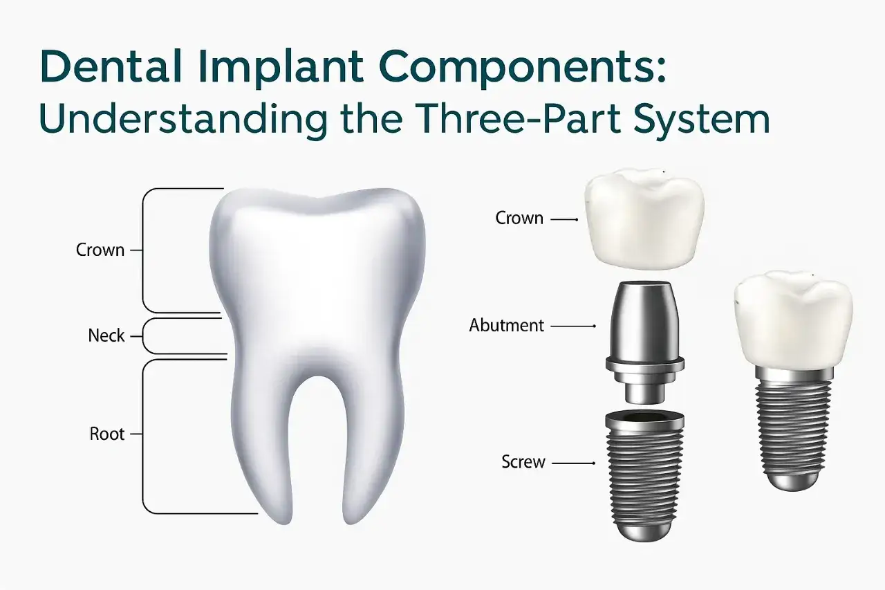 Ilustración de un implante dental de tres partes: corona, pilar y tornillo, que se asemeja a la raíz de un diente.