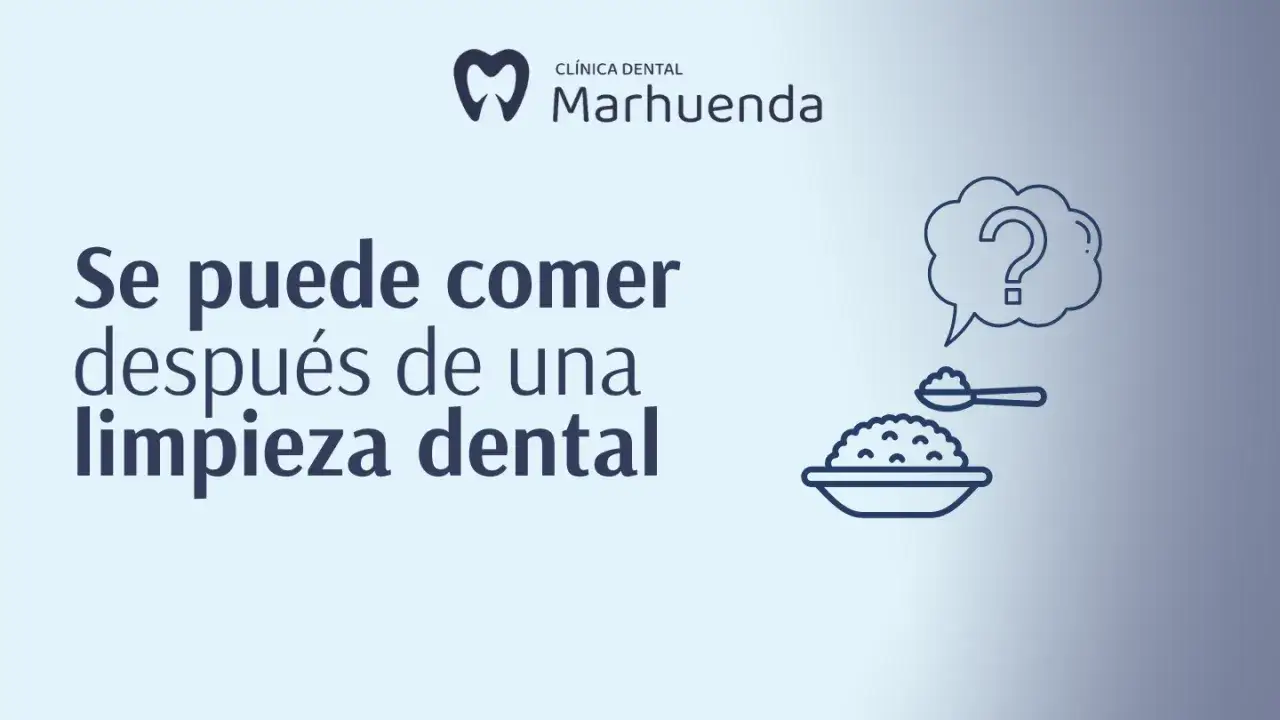 ¿Cuánto tiempo sin comer tras limpieza dental? Icono de un tazón con comida y una cuchara, con una burbuja de diálogo con signo de interrogación.