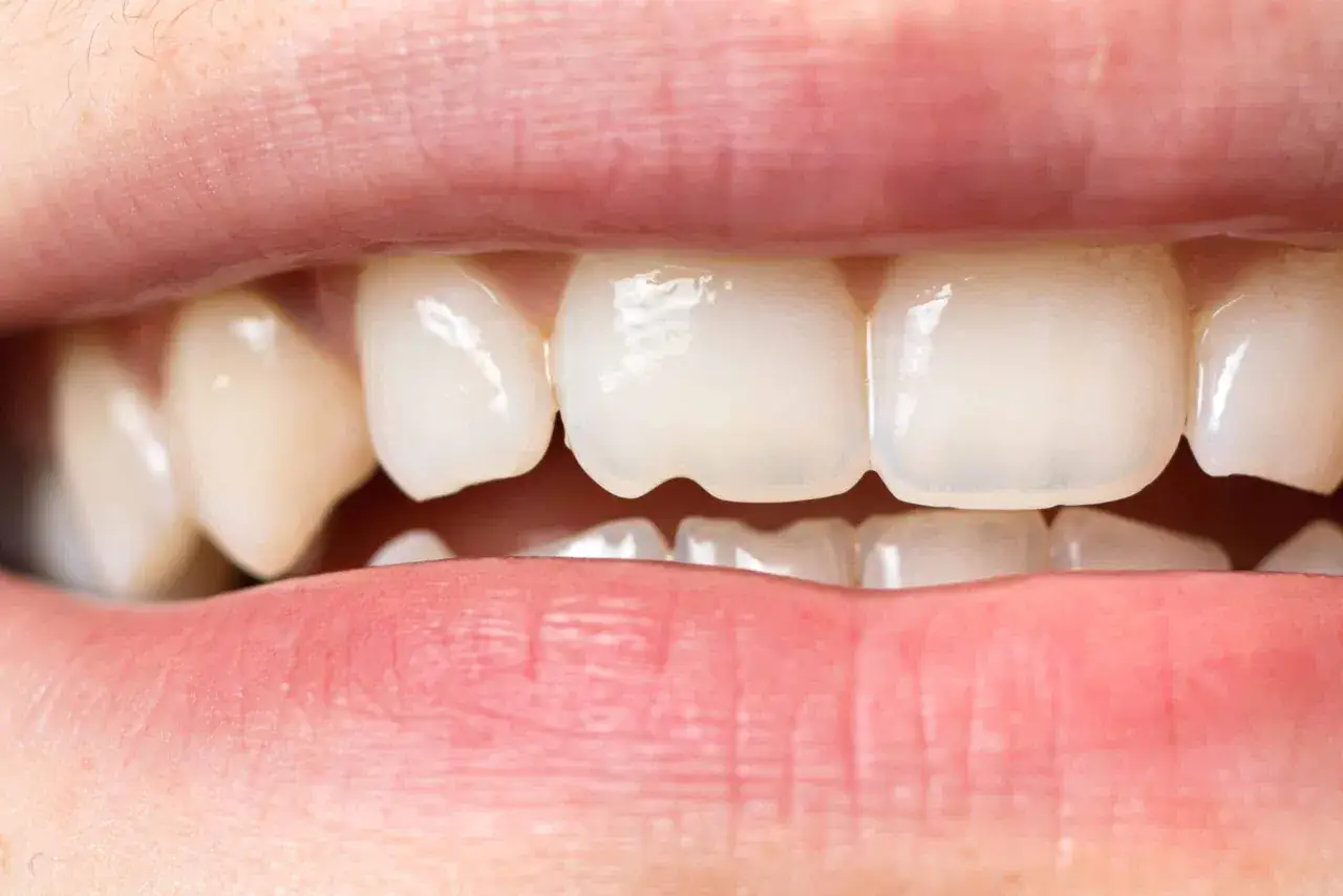 Primer plano de una boca mostrando dientes frontales con pequeñas grietas en los bordes incisales.