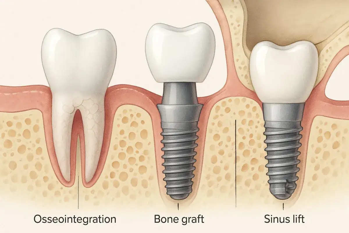 Ilustración de implantes dentales, mostrando la osteointegración, injerto óseo y elevación de seno.