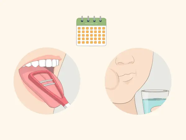 Rutina diaria para saber como limpiar la lengua: raspado lingual y enjuague bucal. Un calendario indica la constancia.