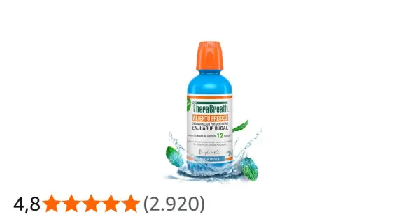 Enjuague bucal TheraBreath Aliento Fresco, menta, ideal para combatir el mal aliento y refrescar la boca por 12 horas.