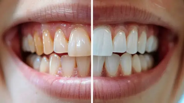 Comparación de dientes: antes amarillentos y después blancos y brillantes, mostrando cómo reforzar el esmalte dental.