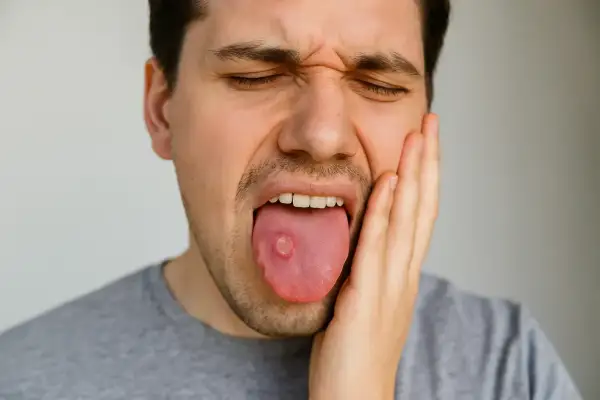 Hombre con expresión de dolor, mostrando una llaga bajo la lengua.
