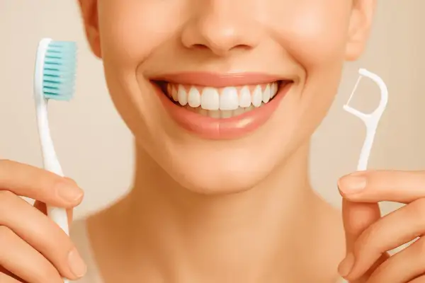 Sonrisa radiante con cepillo y hilo dental. Descubre curiosidades del flúor para una salud bucal perfecta.