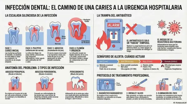 Ilustración muestra la progresión de una caries dental, desde la fase inicial hasta la urgencia hospitalaria, detallando caries síntomas y tipos de infección.