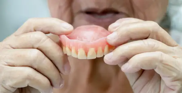 Manos de anciano sostienen una arcada dental superior, mostrando los dientes postizos.